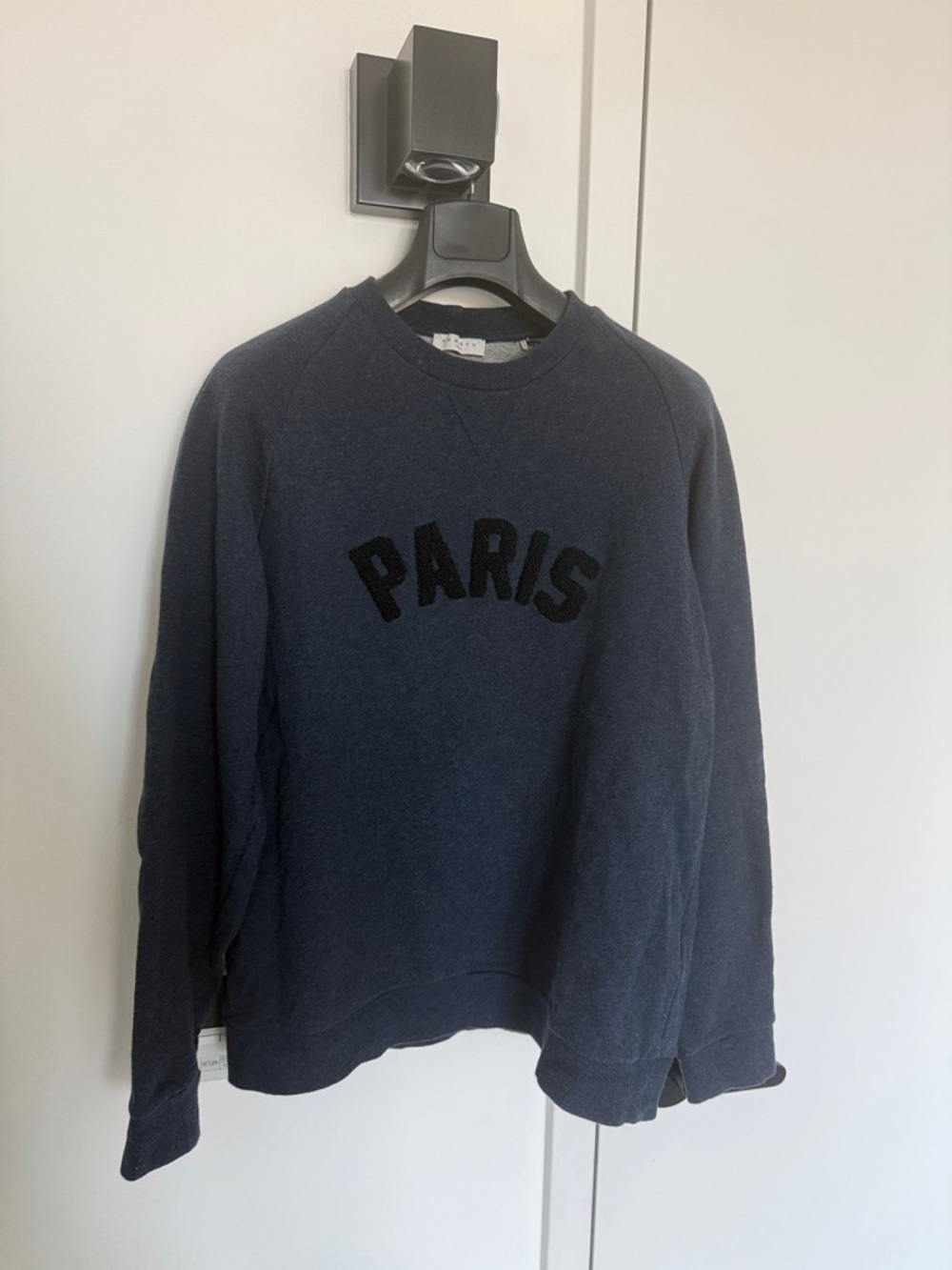 Sandro Men's Navy Crewneck Sweater with 'PARIS' Appliqué